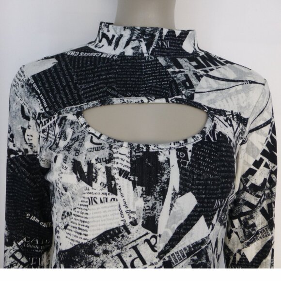 Newspaper Graphic Long Sleeve, High Neck, Cut Out At Chest Top - Picture 5 of 9